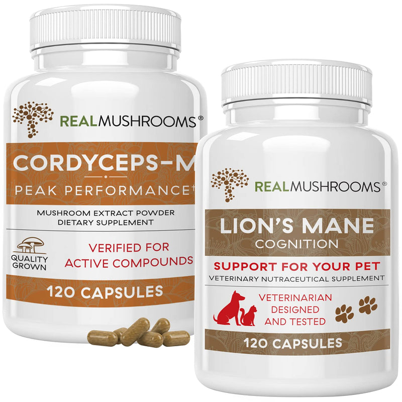 Real Mushrooms Cordyceps for Humans (120ct) and Lions Mane for Pets (120ct) - Bundle for Energy, Vitality & Cognition - Vegan, Non-GMO, Gluten-Free, Grain-Free Mushroom Extract Supplements - BeesActive Australia