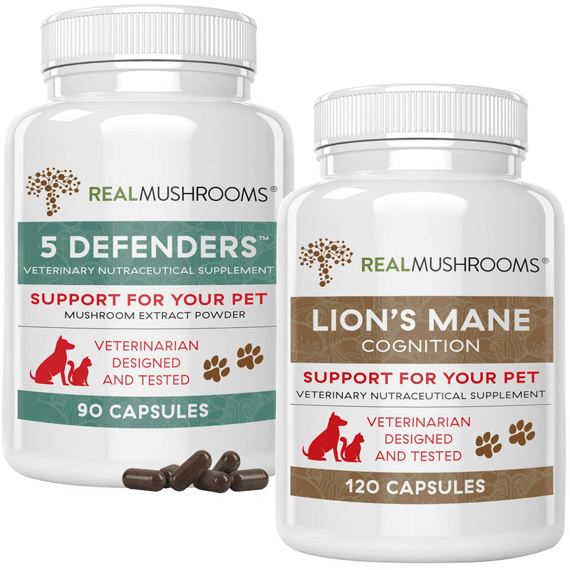 Real Mushrooms 5 Defenders for Pets (90ct) and Lions Mane for Pets (120ct) - Bundle for Immune Strength & Cognition - Vegan, Non-GMO, Gluten-Free, Grain-Free Mushroom Pet Supplements - BeesActive Australia