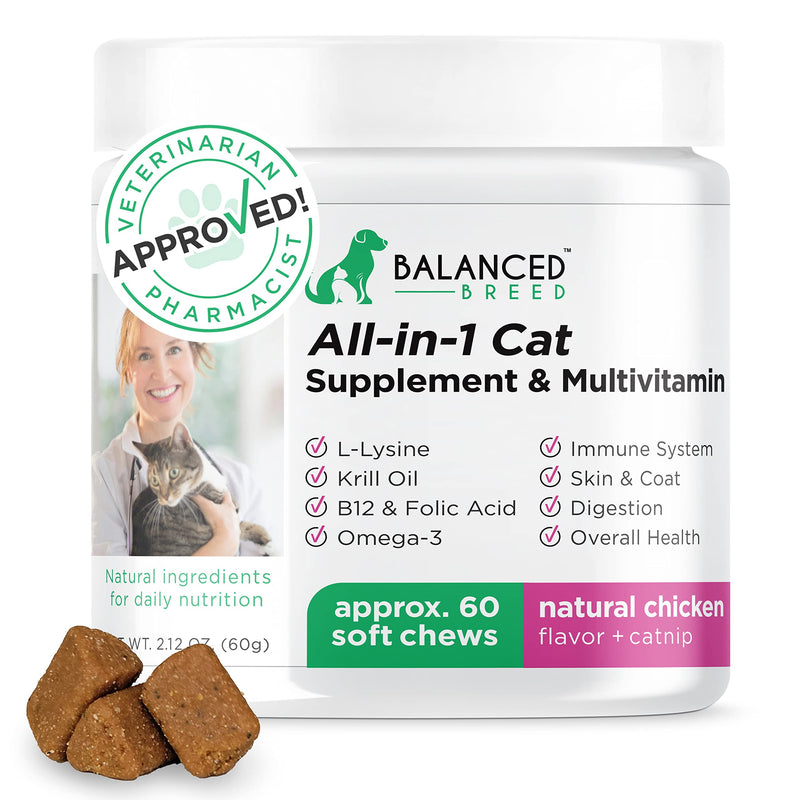 Balanced Breed L-Lysine for Cats Immune Support Skin Coat Sneezing Runny Nose Watery Eyes Cat Multivitamin Omega 3 Cat Vitamins B12 & Folic Acid Natural Booster Supplements Chicken Flavor Catnip Treat - BeesActive Australia
