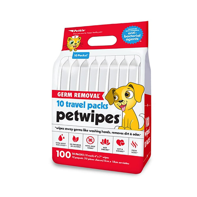 Petkin Travel Cat and Dog Grooming Wipes, 10 Packs of 100 Wipes - Perfect Small Packs of Wipes for Travel, Keep in Your Purse or Car - Gently Cleans The Face, Paws, Ear, and Eye Area - BeesActive Australia