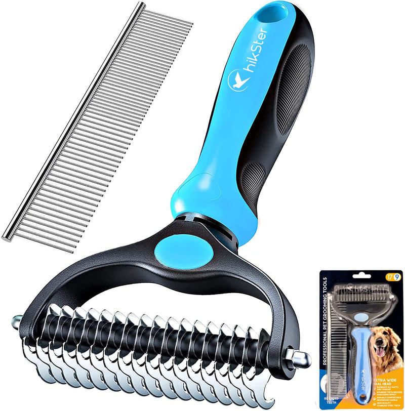 Hikster Undercoat Rake for Dogs & Cats with Pet Comb, Pet Grooming Brush, Double-Sided Dog Deshedding Tool Removes Knot & Tangled Hair, Dematting Comb for Dogs with Dog Comb for Grooming (Set, Blue) - BeesActive Australia