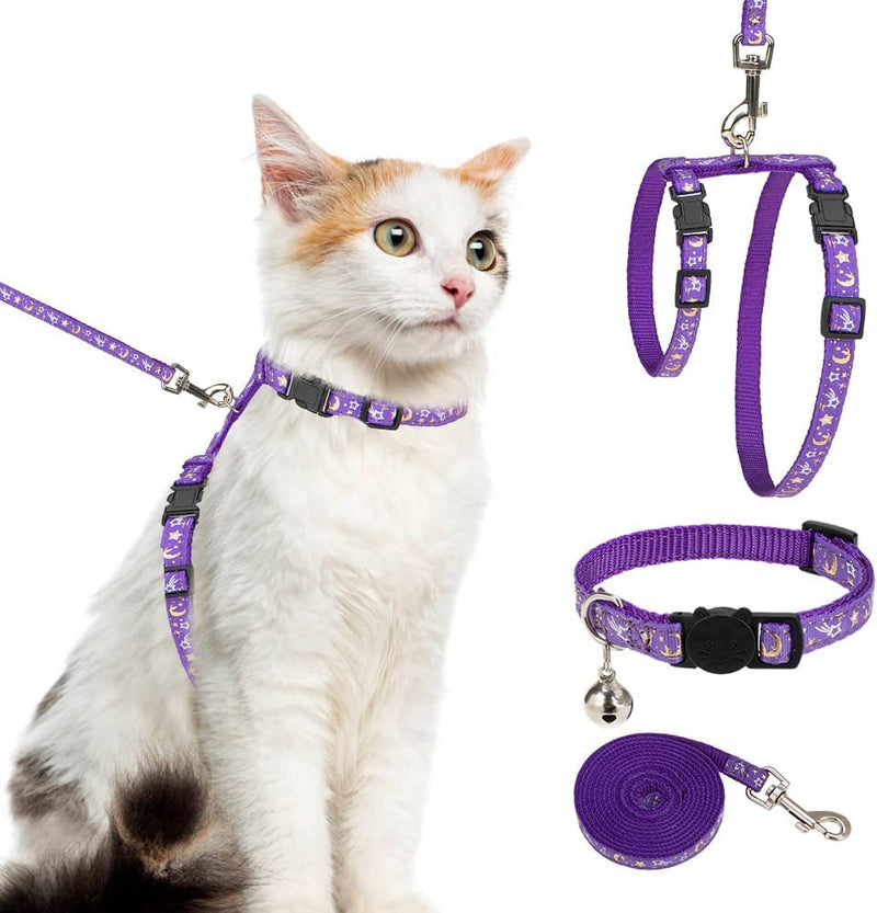 Cat Harness with Leash and Collar Set - Escape Proof Adjustable H-shped Cat Harness with Star and Moon Pattern Glow in The Dark for Kitty Outdoor Walking Purple - BeesActive Australia