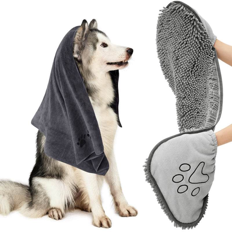 HOMEIDEAS 2 Pack Dog Towels Set-Chenille Shammy Towel and Microfiber Dog Towels for Drying Dogs, Super Absorbent Dog Bath Towel with Hand Pockets, Soft Pet Drying Towel for Dogs, Cats, and Other Pets - BeesActive Australia