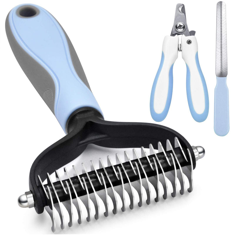 GOESWELL Pet Deshedding Brush - Undercoat Rake for Dogs & Cats - Double Sided Brush for Shedding and Dematting Comb Grooming Tool kit - Nail Clippers & Nail File Blue(3 Pack) - BeesActive Australia