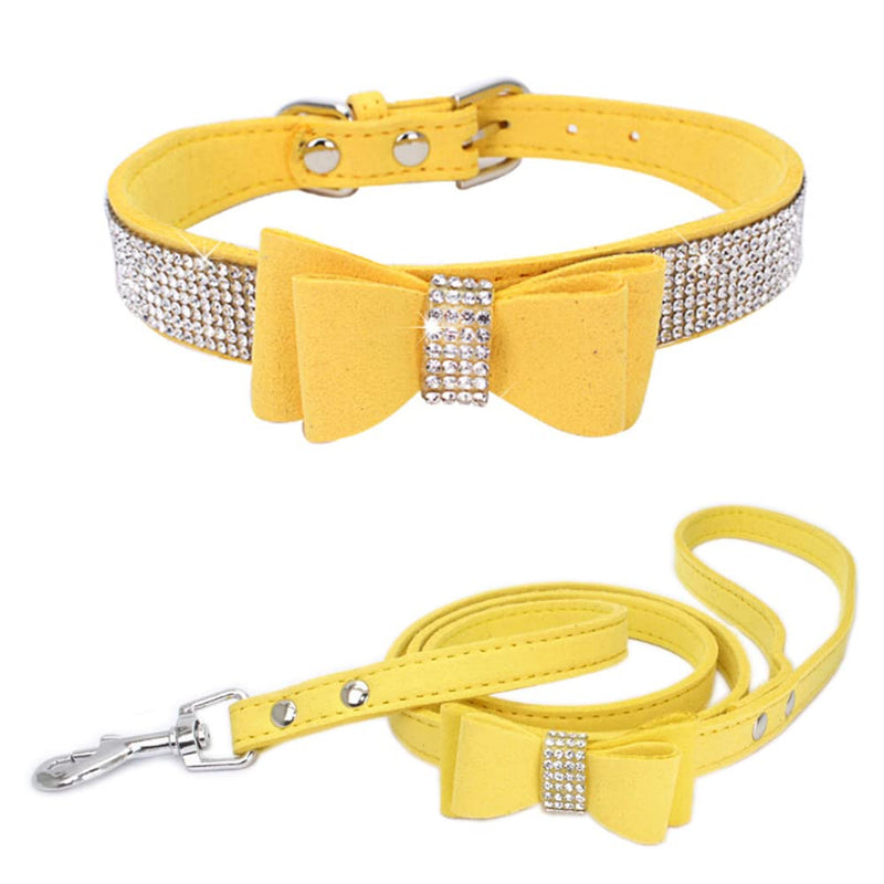 Benala Velvet Full Crystal Rhinestones Dog Pet Collar Leash Set Dog Cat Shinging Diamonds Bowknot Adjustable Necklace Set L:(neck 15-18") Yellow - BeesActive Australia