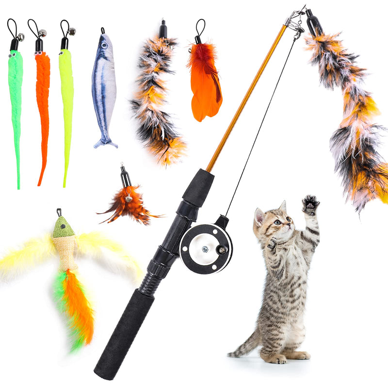 9 PCS Cat Fishing Pole Toy, Retractable Cat Feather Toys with Cat Wand Plush Fish Worm Feathers with Bells Catnip Interactive Cat Teaser Toys for Kitten Cat 9PCS CAT FISHING POLE TOY - BeesActive Australia