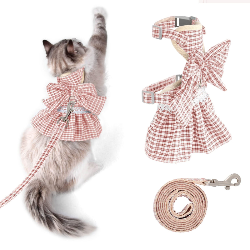 Kaqipeet Cat Harness and Leash Set for Walking Escape Proof, Kitten Harness with Bowtie Plaid JK Skirt for Cats, Lifetime Replacement Small Pink Plaid - BeesActive Australia