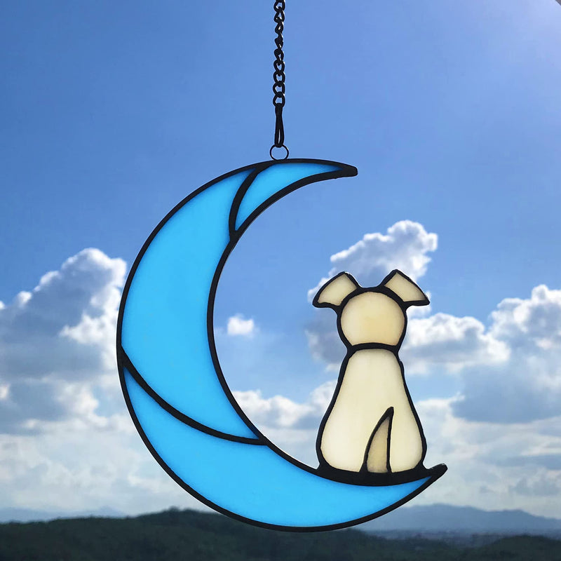 Lcensp Stained Glass Dog Memorial Gifts for Dog Lovers, A Light Yellow Dog Decor on Blue Moon Window Hangings Suncatcher, Loss of Dog Sympathy Gift, Pet Loss Remembrance Gifts in Memory of Dog(Yellow) - BeesActive Australia