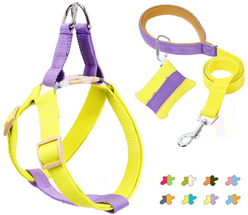 No Pull Dog Harness and Leash Set, Step in Dog Halter Harness with Poop Bag Holder, Adjustable Lightweight Cotton Straps Suitable for Small Medium Large Dogs Outdoor Walking Running Hiking Purple-Yellow S - BeesActive Australia