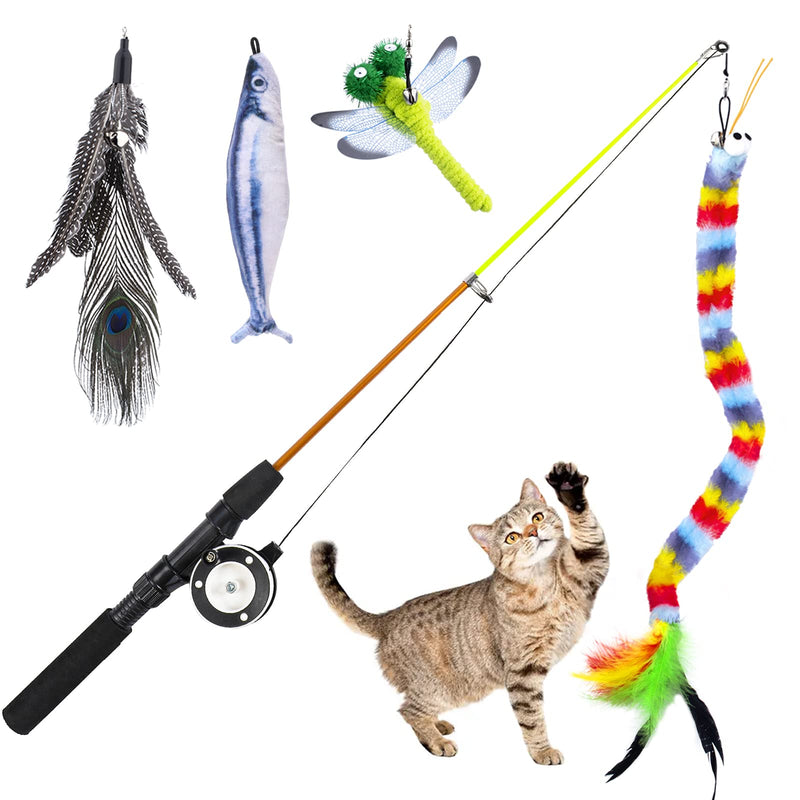 Cat Fishing Pole Toy, 1 Retractable Cat Wand 4 Replacement Attachments with Feathers Fish Dragonfly Caterpillar with Crinkle Paper Interactive Kitten Toys Gifts with Detachable Bells Nylon Rope 5PCS CAT FISHING POLE TOY - BeesActive Australia