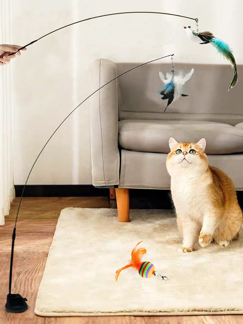 Cat Feather Toys Interactive Cat Toy with Super Suction Cup Detachable 6 PCS Feather Replacements with Bell 2 Wand Cat Spring Feather Toys for Indoor Cats Kitten Play Chase Exercise Blue - BeesActive Australia