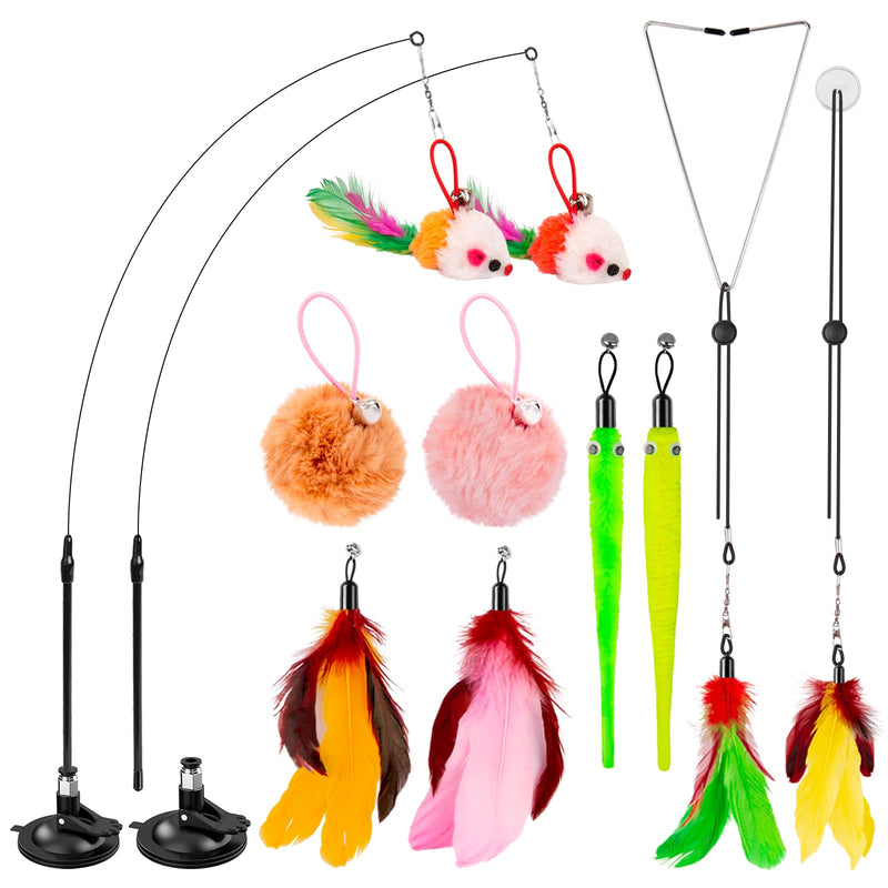 Cat Toys Wand, HOSFROLL Interactive Cat Toy with Super Suction Cup Sticky Detachable 12 PCS Feather Replacements 2 Wands Cat Spring Feather Toys for Indoor Cats Kitten Toys 10 Toy Replacement - BeesActive Australia