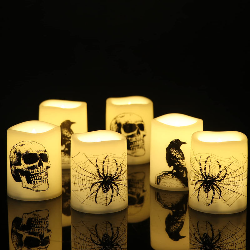 Wondise Halloween Flameless Tea Light Candles with Timer, 6 pcs Battery Operated LED Flickering Votive Candle with Skull Spider Crow Print for Halloween Decoration - BeesActive Australia