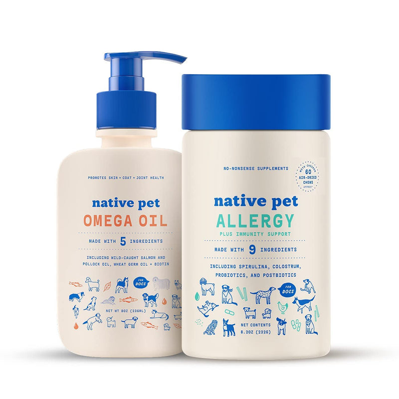 Native Pet Itchy Skin Bundle | Allergy Chews for Dogs (60 Servings) + Omega Oil for Dogs (8oz) | Dog Allergy Relief + Itching Relief for Dogs | Dog Probiotics for Itchy Skin & Dog Fish Oil - BeesActive Australia