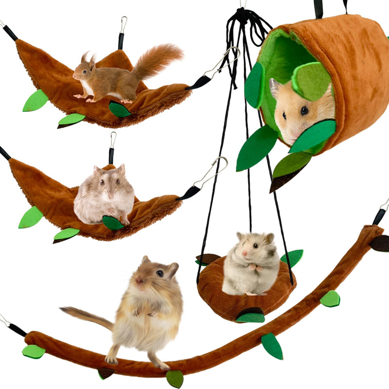 MUYG Hamster Hammock,Small Animal Hanging Hideout Tunnel Sleeping Set Plush Swing Warm Bed House Cage Nest Accessories for Sugar Glider,Squirrel,Brown(5 Pcs) - BeesActive Australia