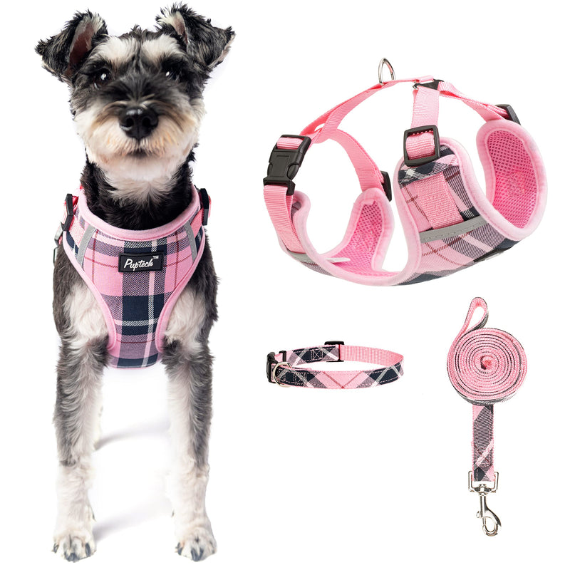 PUPTECK Small Dog Haness and Leash Collar Set Fully Adjustable Puppy Soft Mesh Harness No Pull Reflective X-Small Pink - BeesActive Australia