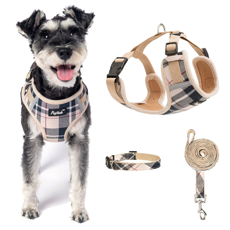 PUPTECK Small Dog Haness and Leash Collar Set Fully Adjustable Puppy Soft Mesh Harness No Pull Reflective Beige - BeesActive Australia