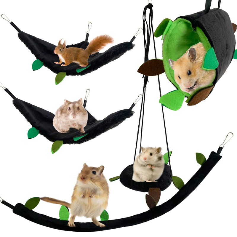 MUYG Hamster Hammock,Small Animal Hanging Hideout Tunnel Sleeping Set Plush Swing Warm Bed House Cage Nest Accessories for Sugar Glider,Squirrel,Black(5 Pcs) - BeesActive Australia