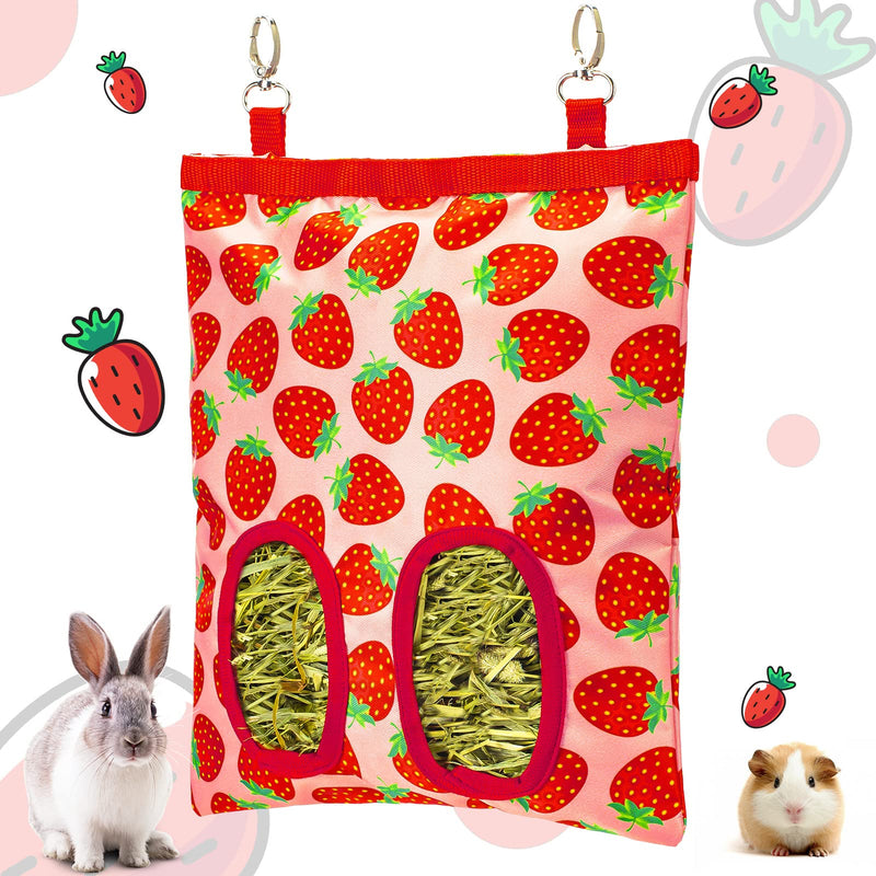 Rabbit Hay Feeder for Cage, Upgraded Hanging Guinea Pig Hay Feeder Bag for Rabbits Bunny Chinchilla Hamster with 3 Hooks, Mess Free Small Animals Grass Holder, 9.8x11.4Inch, 2 Reinforced Holes Strawberry - BeesActive Australia