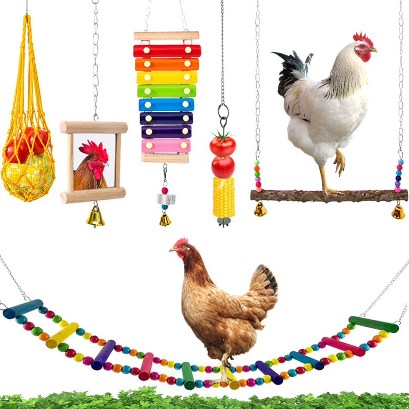 Hipykat 6 Packs Chicken Toys Set - with Chicken Xylophone Toy, Chicken Mirror, Chicken Ladder Bridge, Coop Swing, Vegetable Hanging Chicken Feeder, Chewing Foraging Toys, Accessories for Hens - BeesActive Australia