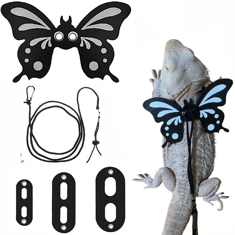Bearded Dragon Leash and Harness - Adjustable 3 Size Pack Leather Butterfly Wings Harness Set, Lizard Costume Clothes Outdoor Walking Lead Control Rope for Iguana Gecko Chameleon Hamster Ferret Black - BeesActive Australia
