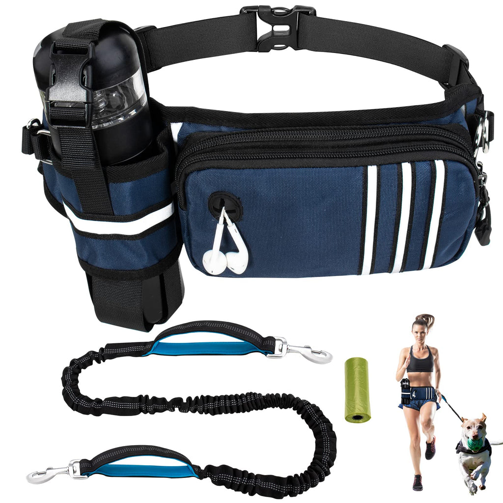 Peicees Retractable Dog Leash with Fanny Pack for Small Medium Large Dogs Running Walking Training, Adjustable Waist Belt, Dual Padded Handles Bungee Leash, Hands Free (Dark Blue) Dark Blue - BeesActive Australia