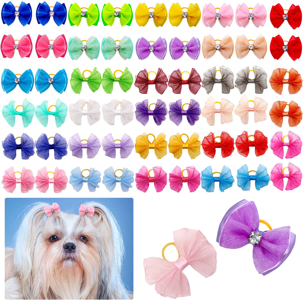 Senniea 60PCS Pet Hair Bows, Puppy Dog Bows with Rubber Bands, 20pcs with Drills and 40 pcs Pure Yarn Handmade Pet Hair Grooming Attachments with Rubber Bands - BeesActive Australia