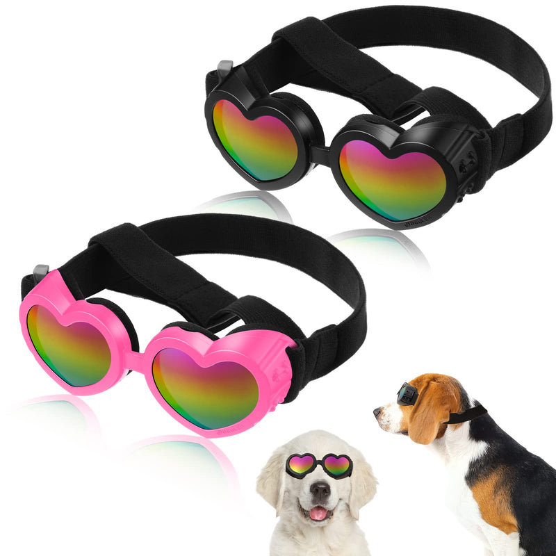 2 Pcs Dog Sunglasses Heart Shape Dog Goggles Small Medium Breed Dog Eye Protection Goggles Anti Fog Glasses with Adjustable Strap for Dog Pet Windproof Foldable Eye Wear Black, Pink - BeesActive Australia