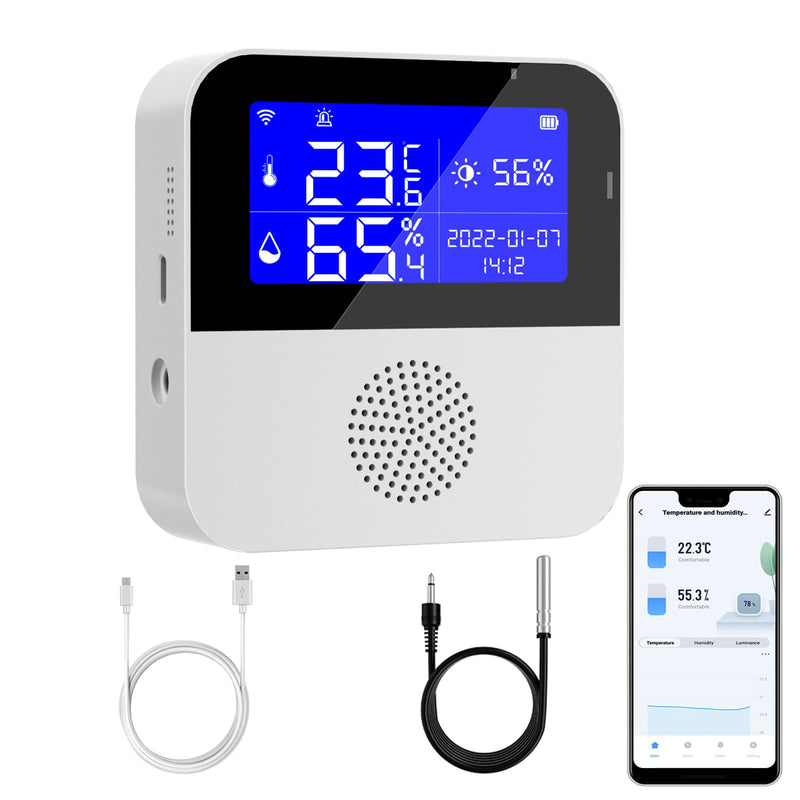 Room Thermometer Hygrometer with Extra Probe, 2.9" Backup Battery Buzzer Alarm & App Notification Alert Aquarium Temperature Humidity Gauge, Backlight Switch Humidity Monitor Support Alexa Google Home 2.9'' Screen - BeesActive Australia