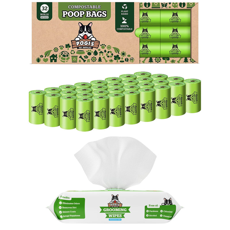 Pogi's Plant-based Poop n' Wipe Combo - 480 Compostable Dog Poop Bags and 100 Plant-based Grooming Wipes Bundle - BeesActive Australia