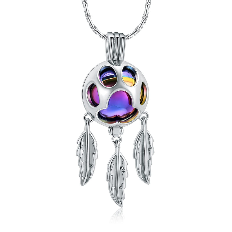constantlife Dreamcatcher Urn Necklace for Ashes Pet Cremation Jewelry 316L Stainless Steel Hollow Paw Locket Memorial Pendant Dog Cat Keepsake Gift for Women Men Silver-Colorful - BeesActive Australia
