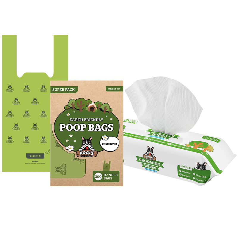 Pogi's 300 Unscented Dog Poop Bags w/ Handles and 100 Plant-based Grooming Wipes Bundle - BeesActive Australia