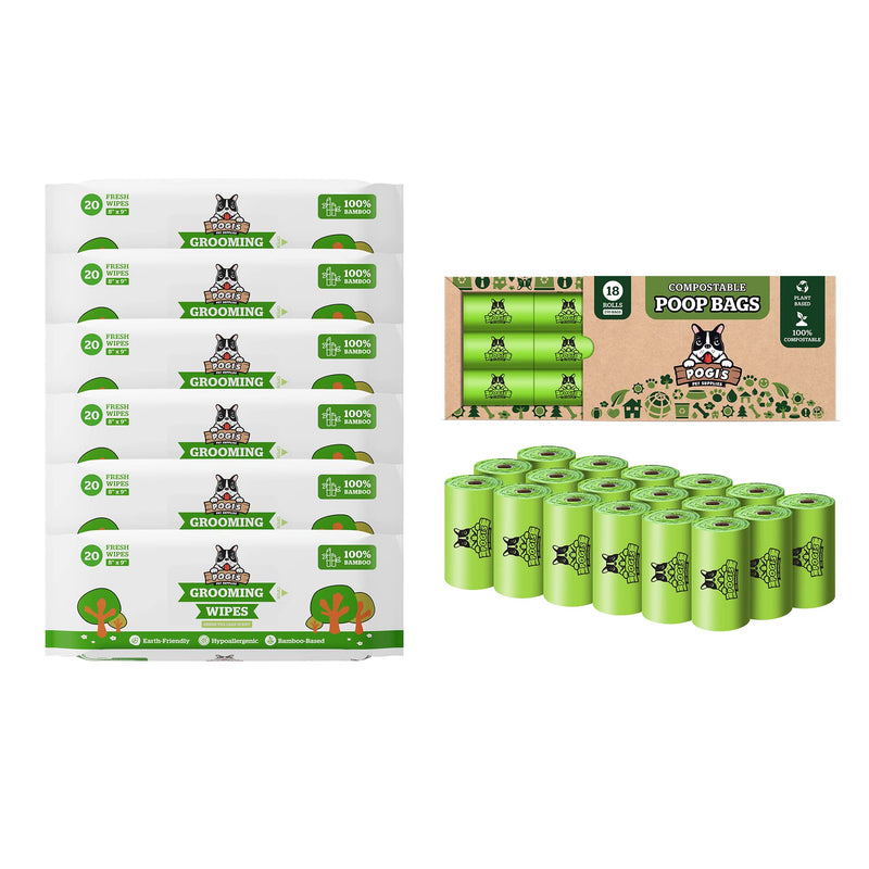 Pogi's Poop n' Wipe Travel Pack - 270 Compostable Dog Poop Bags and 120 Green Tea Leaf Scented Grooming Wipes in Travel Packs Bundle - BeesActive Australia