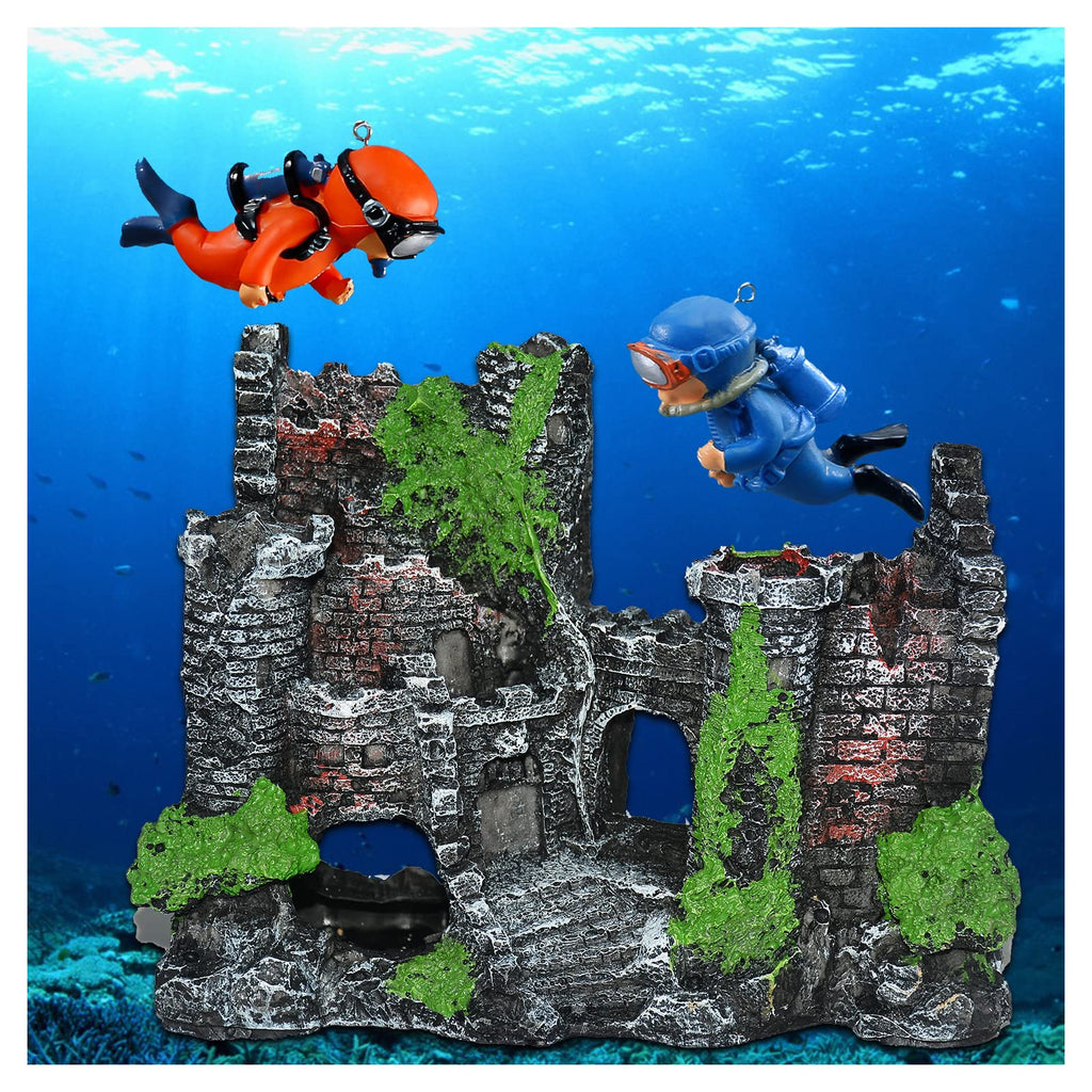 Set Including Castle,Submarine,Sunken Ship,Conch & Mushroom House and 2 Diver Floating Figure for Saltwater Fish Tank Aquarium Resin Ornament Decoration Castle+2Diver - BeesActive Australia