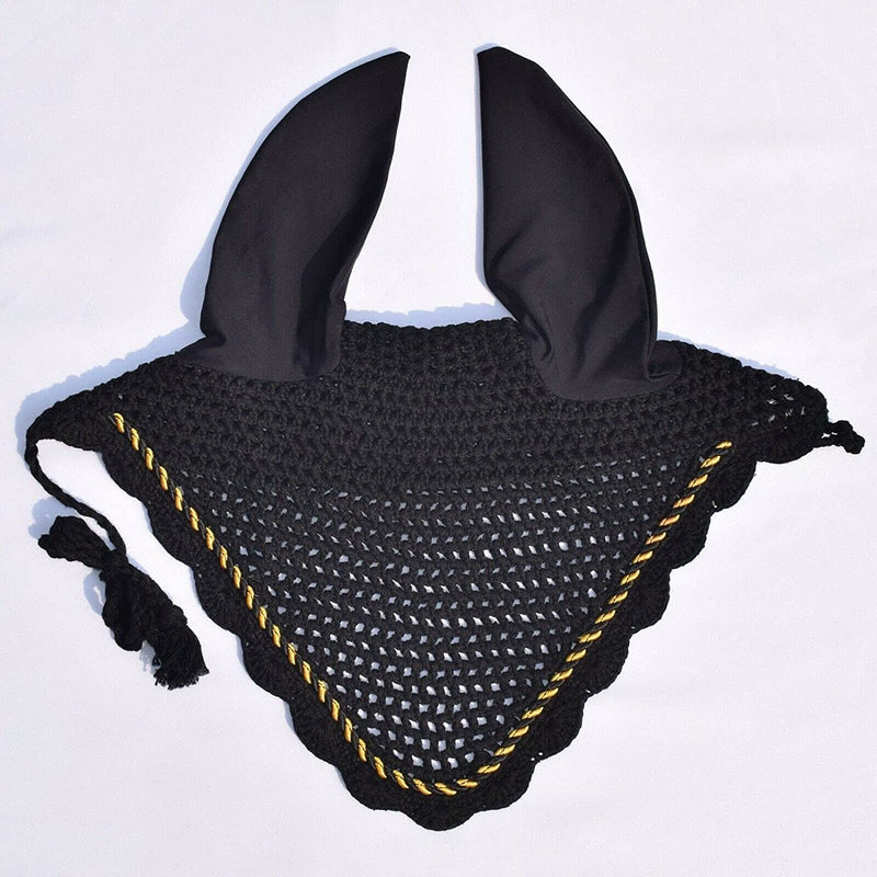 Horse Ear Bonnet Fly Mask Veil Crochet Equestrian with Piping Full Size Black - BeesActive Australia