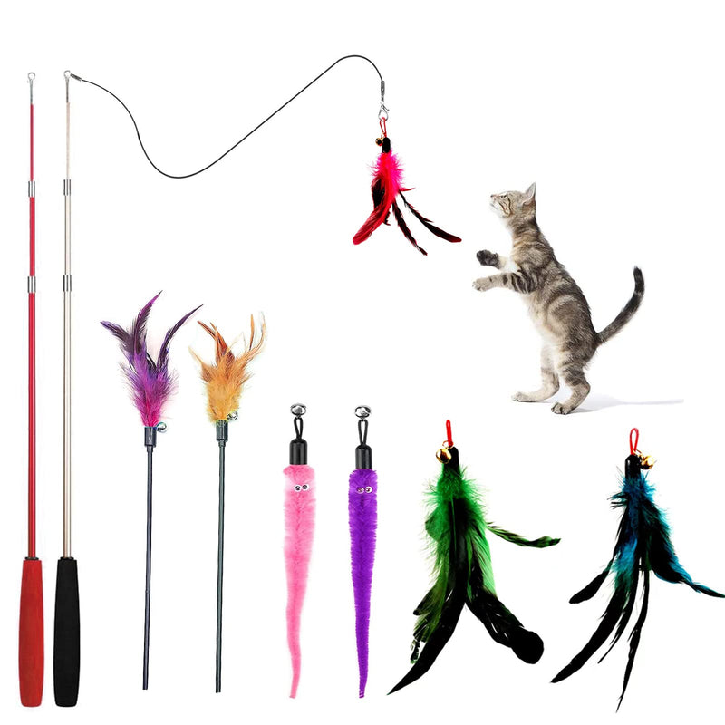 2 Pcs Retractable Cat Wand Toy, Cat Toys for Indoor Cats Interactive Cat Toy with 5 Pcs Feather Toys. - BeesActive Australia