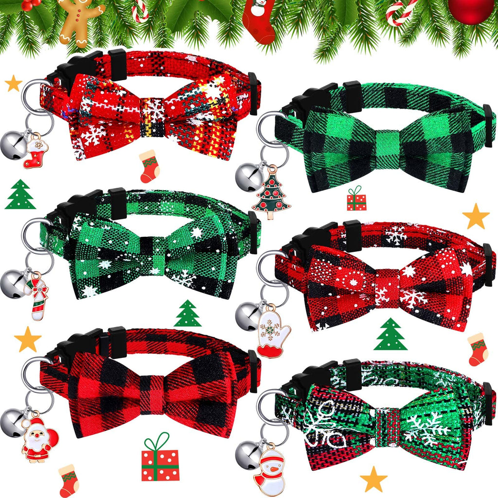 6 Pcs Christmas Cat Collar with Bow Tie and Bell Holiday Breakaway Cat Collars Adjustable Kitty Kitten Cute Collar Buffalo Plaid Snowflake Pattern Collar with Safety Buckle for Cats and Puppies - BeesActive Australia