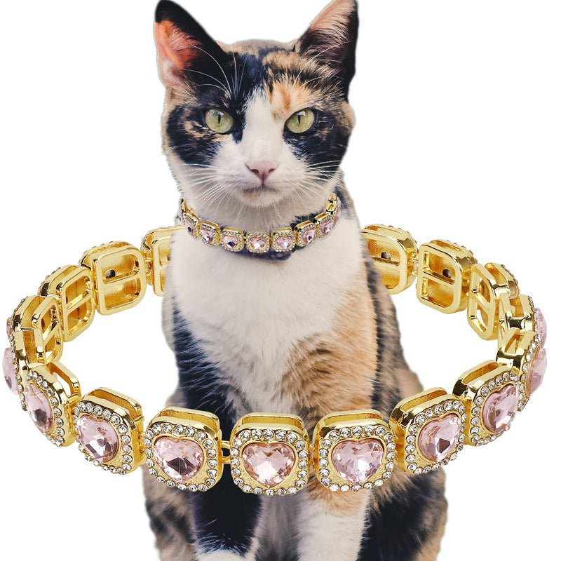 Cat Collar Puppy Zircon Pink/Blue Sugar 13mm Chain Handmade Diamond Iced Heart Pearl Cute Rock Candy Pet Jewelry Necklace Pet Gift XXS(8.2") Gold&Pink - BeesActive Australia
