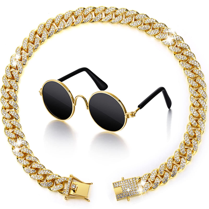 2 Pieces Gold Cat Dog Chain Collar and Sunglasses Set Rhinestone Cuban Collar Chain with Design Secure Buckle Retro Round Glasses for Dogs Cats Party Cosplay Costumes Funny Photo Props 16 Inch - BeesActive Australia