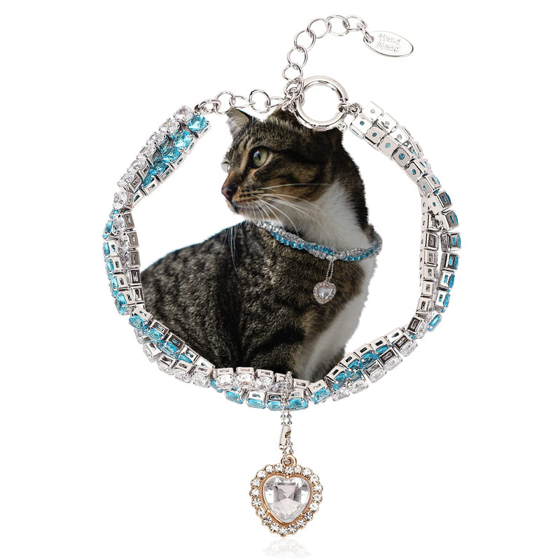Gold Cat Collar Puppy Zircon Cuban Link Chain Handmade Diamond Iced Heart Pendant Pet Jewelry Necklace Pet Gift Silver&Blue - BeesActive Australia