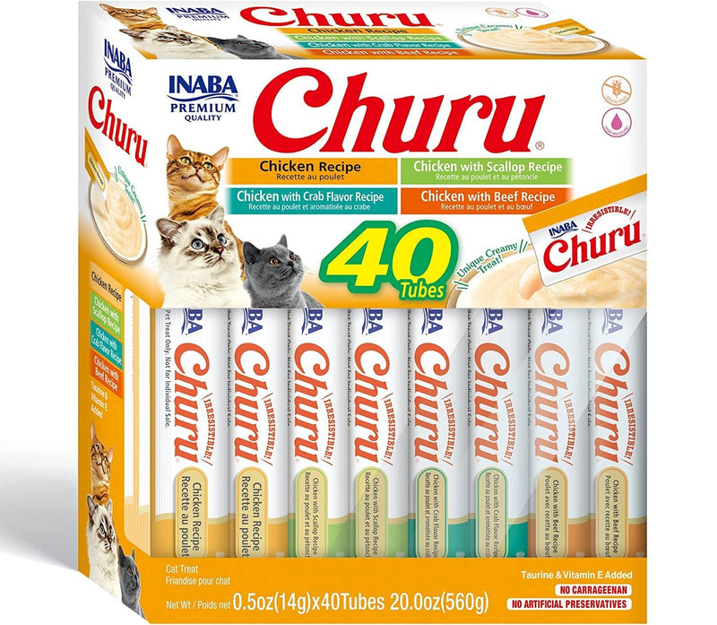 INABA Churu Cat Treats, Grain-Free, Lickable, Squeezable Creamy Purée Cat Treat/Topper with Vitamin E & Taurine, 0.5 Ounces Each Tube, 40 Tubes Chicken Variety Box - BeesActive Australia