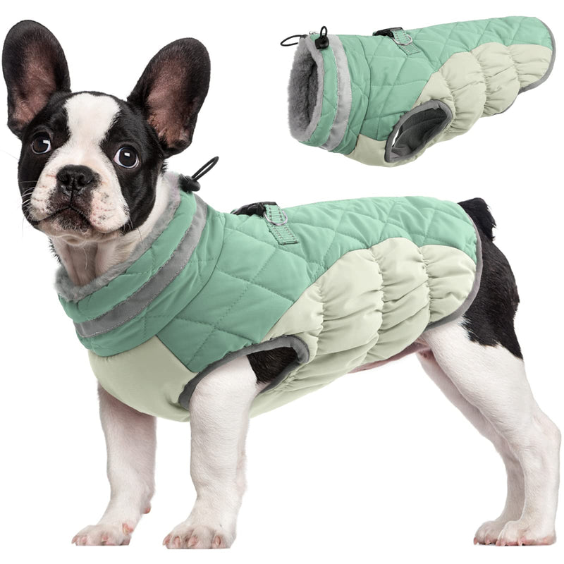 FUAMEY Dog Winter Jacket,Dog Cold Weather Coats Paded Dog Vest Warm Zip Up Dog Windproof Apparel Pet Fleece Lined Outfit for Small Medium Large Dogs with Harness Cozy Dog Clothes with Fur Collar Small(chest:17in) green - BeesActive Australia