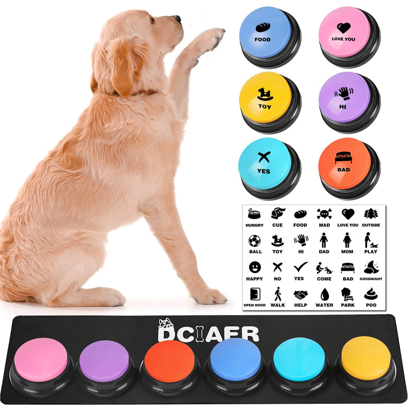 DCIAER Dog Buttons for Communication,Talking Buttons for Dogs,6 Recordable Sound Buttons + 24 Scene Patterns + Dog Button Mat，30 Second Recordable Answer Buzzer for Pet Sound Training Toy - BeesActive Australia