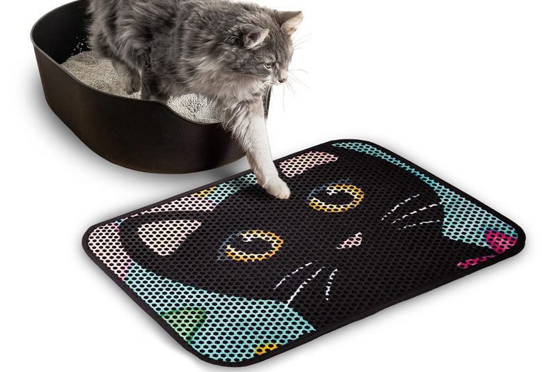 FOREVERPETSUPPLIES Cat Litter Mat 24"x16", Litter Box Mat Large, Double Layer Litter Trapping Mat, Water & Urine Proof Kitty Litter Mat for Litter Box, Colorful Kitty Design Cat Mat Black - BeesActive Australia