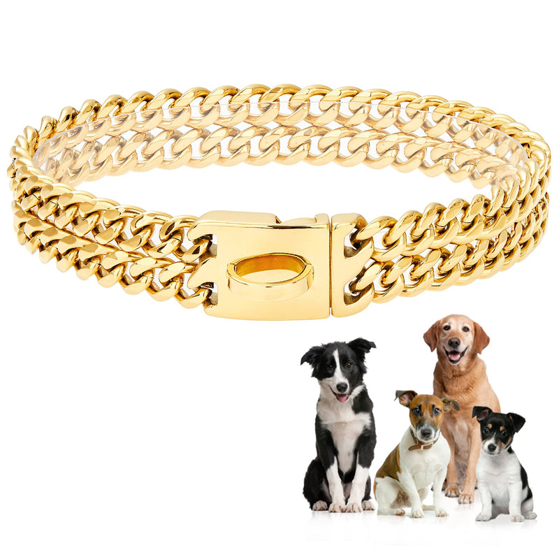 W/W Lifetime Gold Dog Chain Collar Walking Metal Chain Collar with Design Secure Buckle,18K Cuban Link 24MM Strong Heavy Duty Chew Proof for Medium Large Dogs American Pitbull German Shepherd 24"(Suits Dog Neck 22" to 23.5") - BeesActive Australia