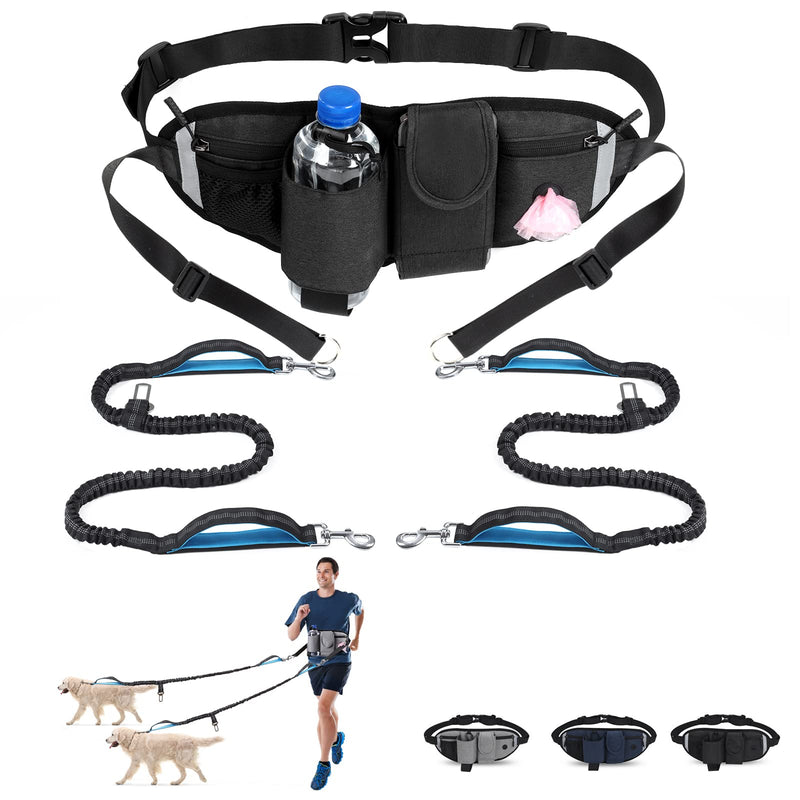 Hands Free Dog Leash with Waist Bag for Walking Small Medium Large Dogs, Reflective Bungee Leash with Car Seatbelt Buckle and Dual Padded Handles, Adjustable Waist Belt Black 2 dogs - BeesActive Australia