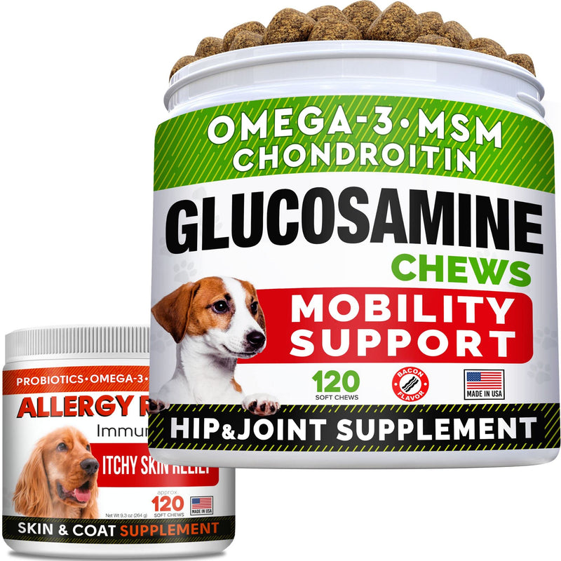 Glucosamine Treats + Allergy Relief Dog Bundle - Joint Supplement w/Omega-3 Fish Oil + Itchy Skin Relief - Chondroitin, MSM + Pumpkin, Enzymes, Turmeric - Skin & Coat - Bacon Flavor + Vegetable Chews - BeesActive Australia