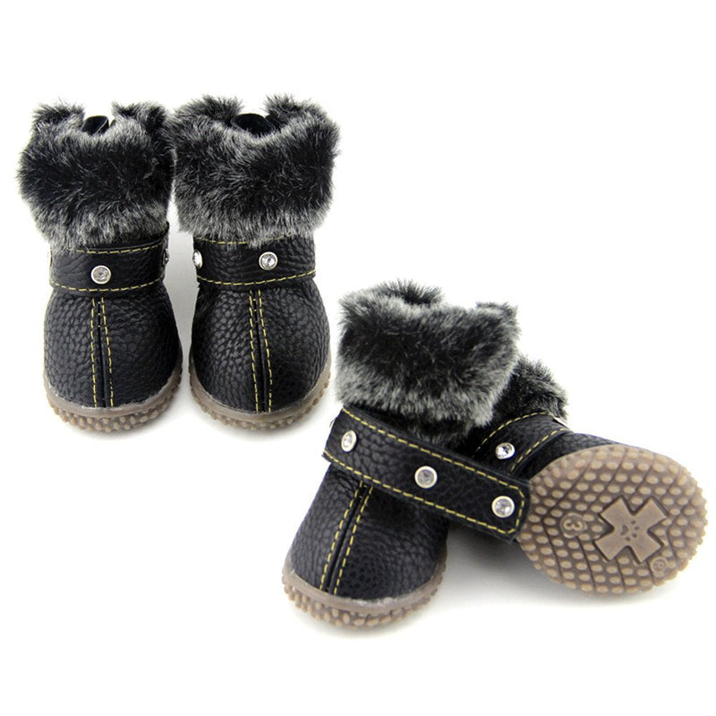 Hdwk&Hped Warm Dog Snow Boots Waterproof PU Small Dog Boots Anti-Slip Pet Shoes Paw Protector for Winter 2 Styles #1-#5 Rhinestone style - black #5 - BeesActive Australia