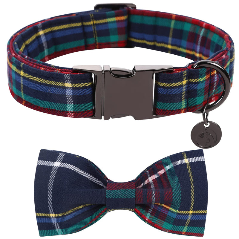 DOGWONG Cotton Dog Collar with Bow tie, Christmas Red Plaid Dog Collar Pink Santa Claus Soft Durable Adjustable Cotton Puppy Pet Collar for Small Medium Large Dog L（Pack of 1） A: red blue plaid - BeesActive Australia