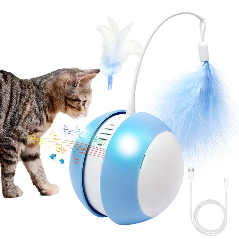 PAKEWAY Interactive Cat Ball Toy with Bird Sound & LED Light, Automatic Irregular 360°Rolling Cat Toy with USB Charging and 2PCS Feathers, Smart Moving Cat Toy Smart Gift for Indoor Kitten Blue - BeesActive Australia